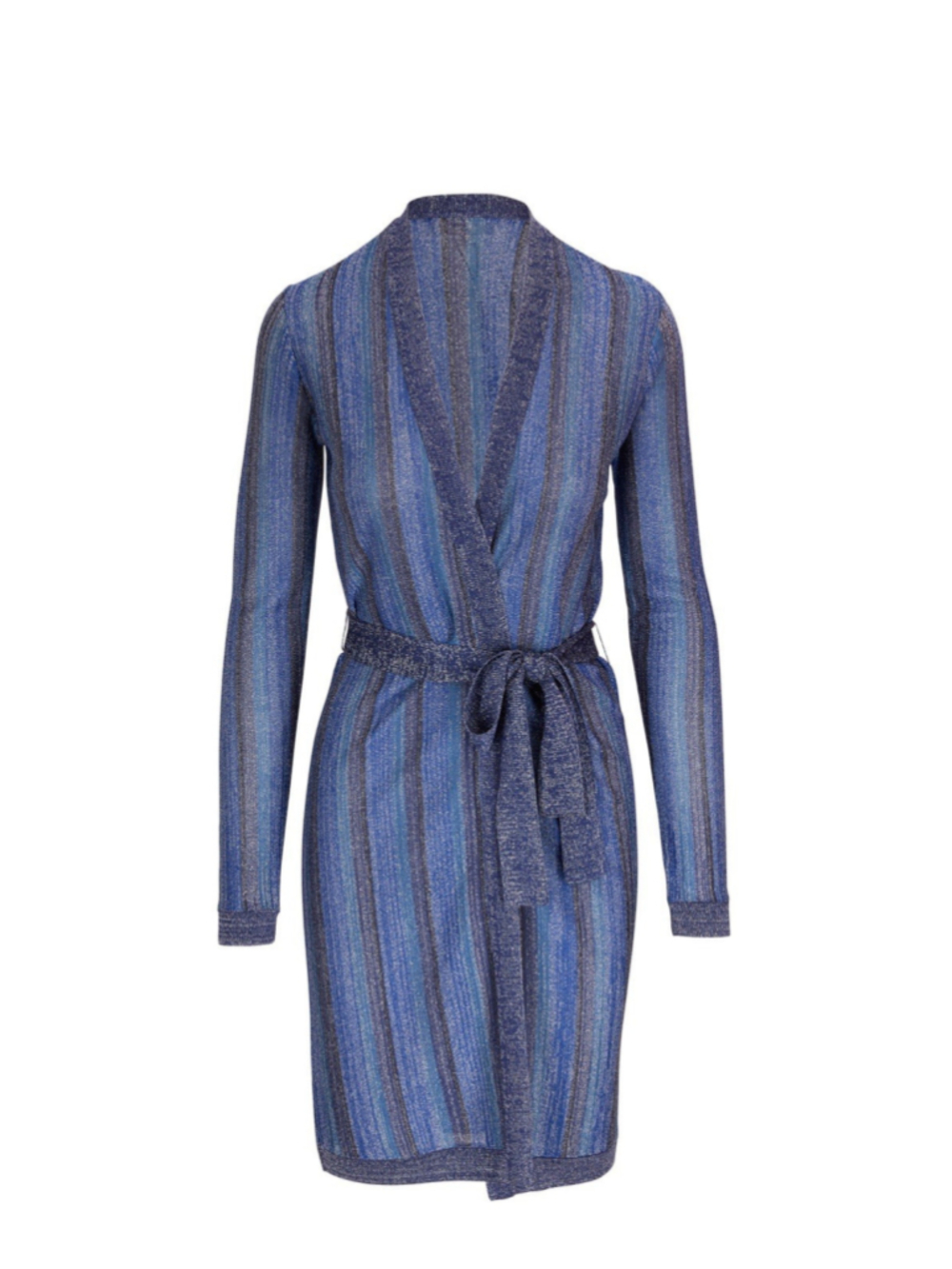 L’Agence Metallic Stripe Wrap Cardigan Blue Silver Tie Waist Duster XS